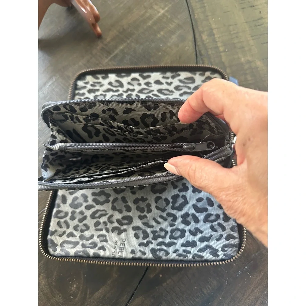 Perlina New York Black Leather Studded Zip Around Wallet Leopard Print Interior